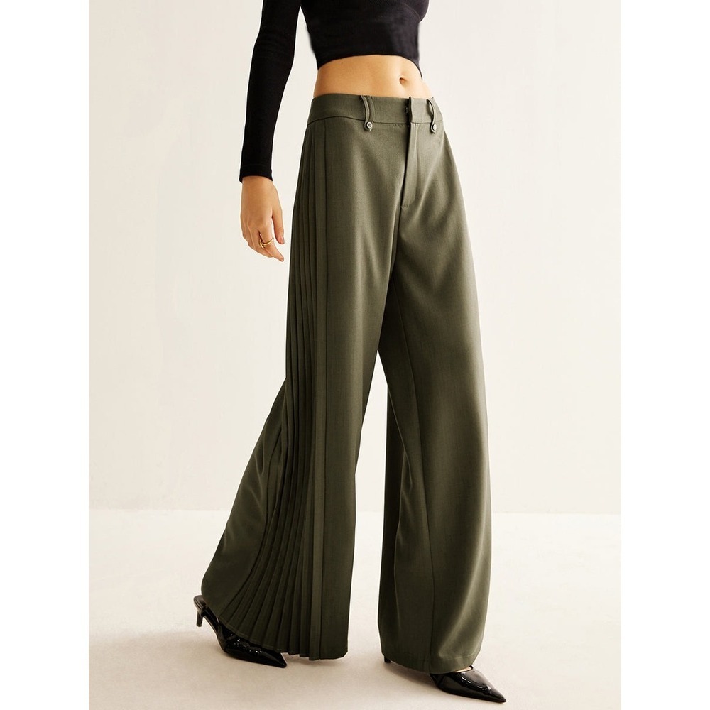 Commense Wide Leg Pleated ArmyGreen Trousers High Waist Palazzo Pants size S - Picture 1 of 15